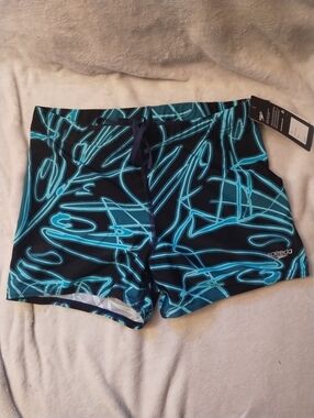 Speedo Black and Teal Geometric-Print Swim Briefs